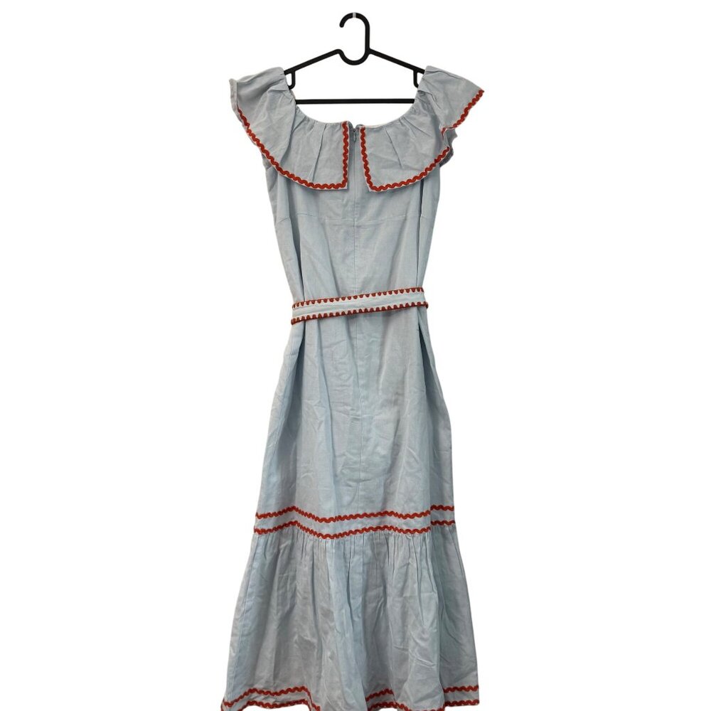 Masons Daughter Blue Orange Ric Rac Trim Linen Belted Dress Medium Womens NEW - Picture 8 of 10